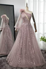 Pink A Line Prom Dress Long Sleeve One Shoulder Evening Dress With Lace Appliques