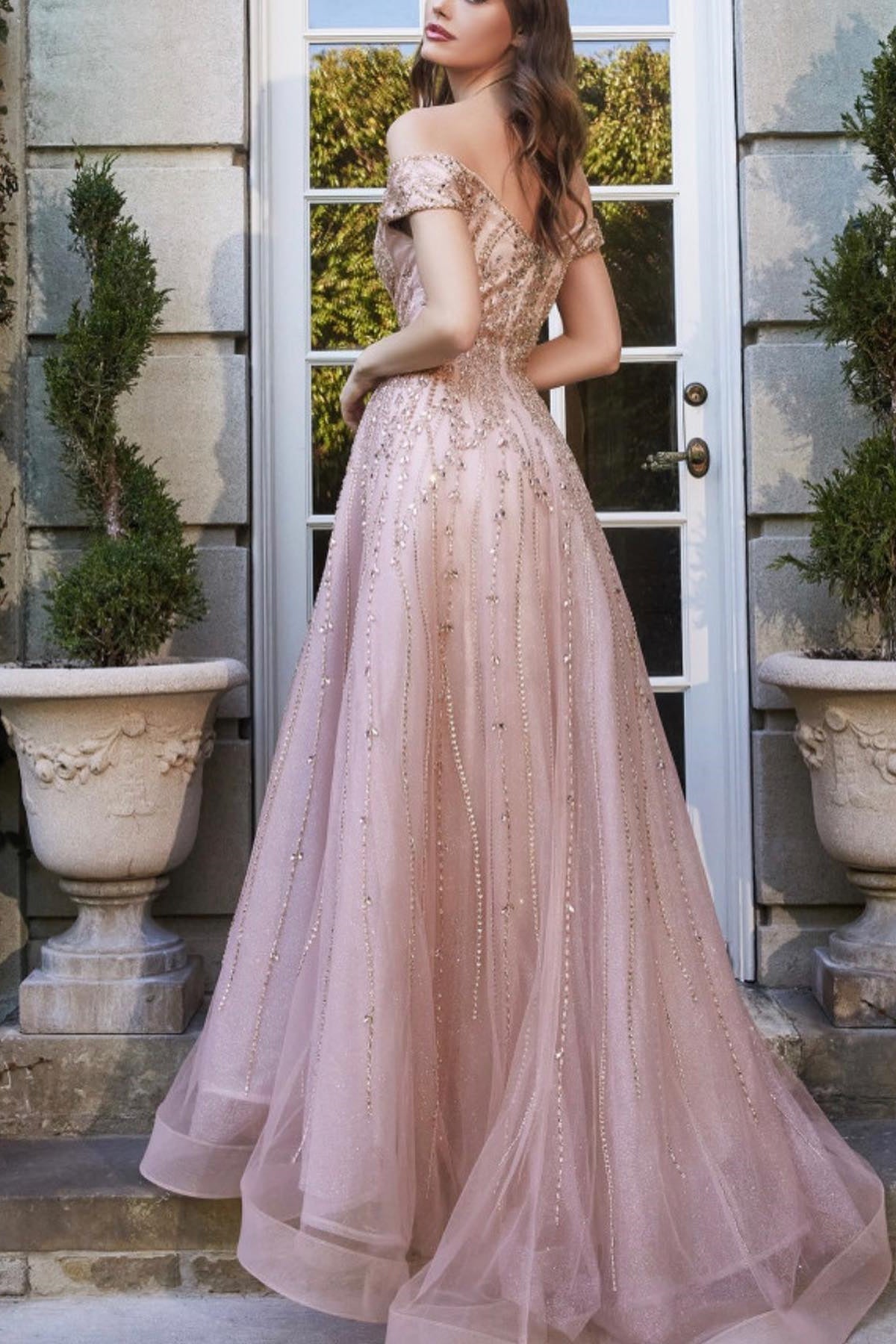 Pink A Line Prom Dress Off the Shoulder Beaded Evening Dress