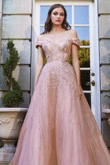 Pink A Line Prom Dress Off the Shoulder Beaded Evening Dress