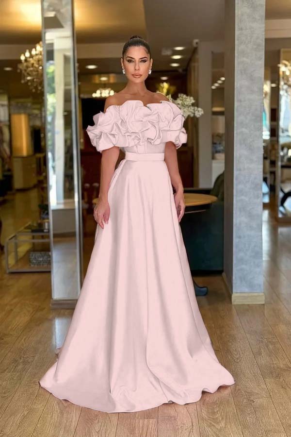 Pink A Line Prom Dress Off the Shoulder Ruffled Satin Evening Dress