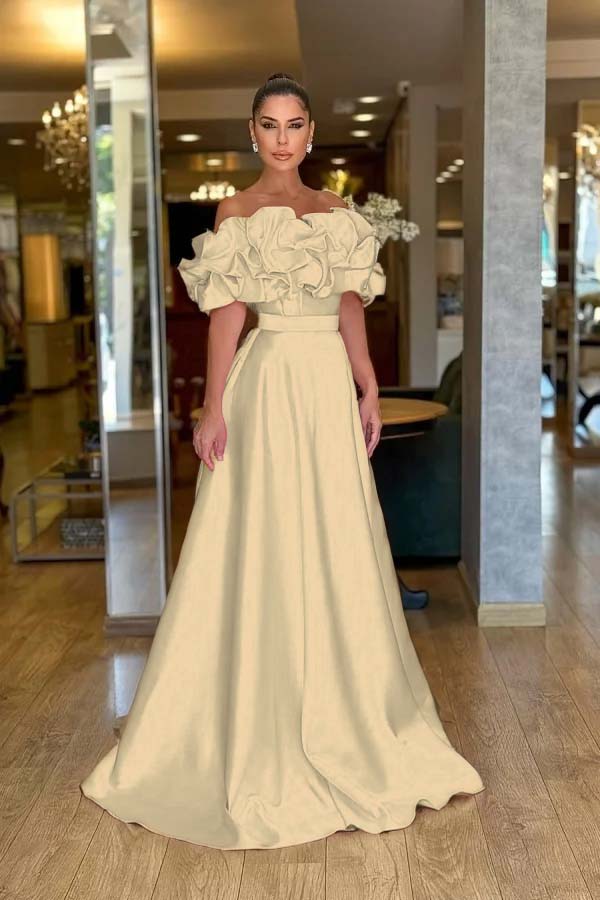 Pink A Line Prom Dress Off the Shoulder Ruffled Satin Evening Dress