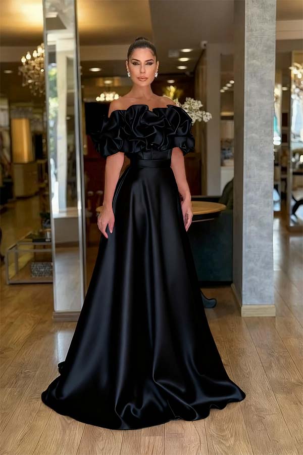 Pink A Line Prom Dress Off the Shoulder Ruffled Satin Evening Dress