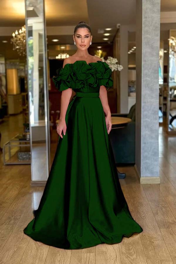 Pink A Line Prom Dress Off the Shoulder Ruffled Satin Evening Dress