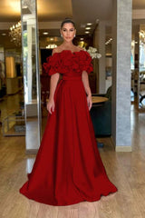 Pink A Line Prom Dress Off the Shoulder Ruffled Satin Evening Dress