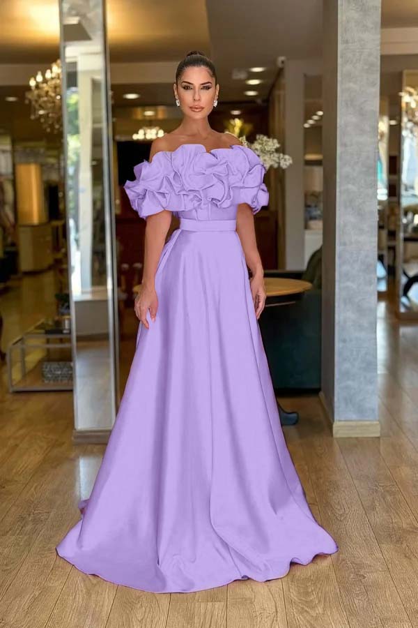 Pink A Line Prom Dress Off the Shoulder Ruffled Satin Evening Dress