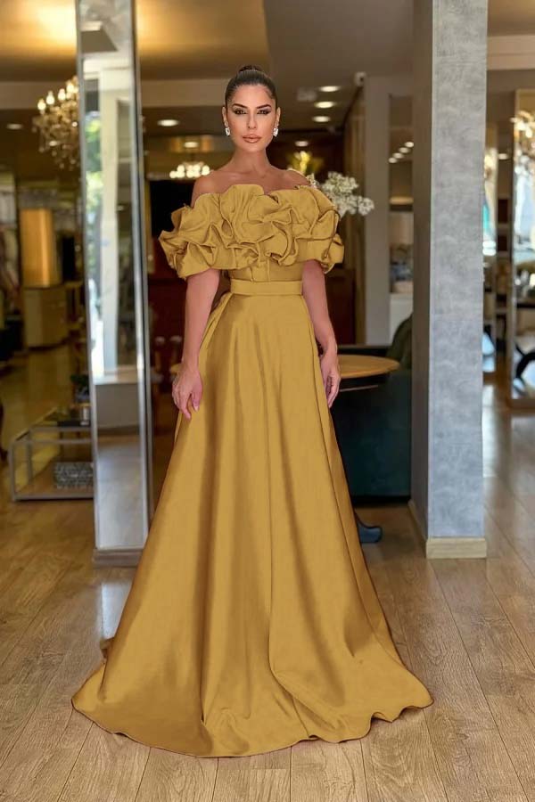 Pink A Line Prom Dress Off the Shoulder Ruffled Satin Evening Dress