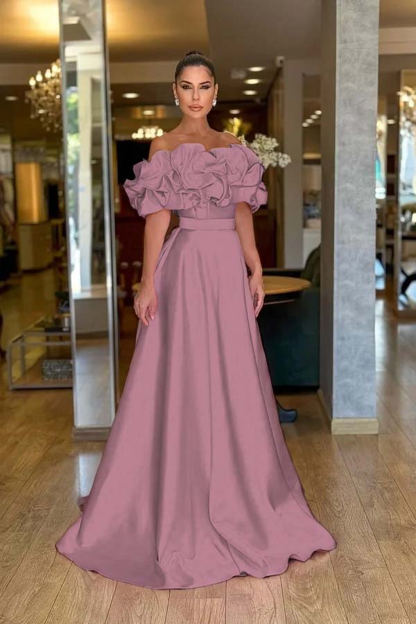 Pink A Line Prom Dress Off the Shoulder Ruffled Satin Evening Dress
