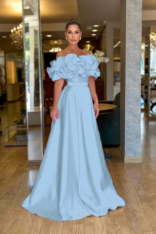 Pink A Line Prom Dress Off the Shoulder Ruffled Satin Evening Dress