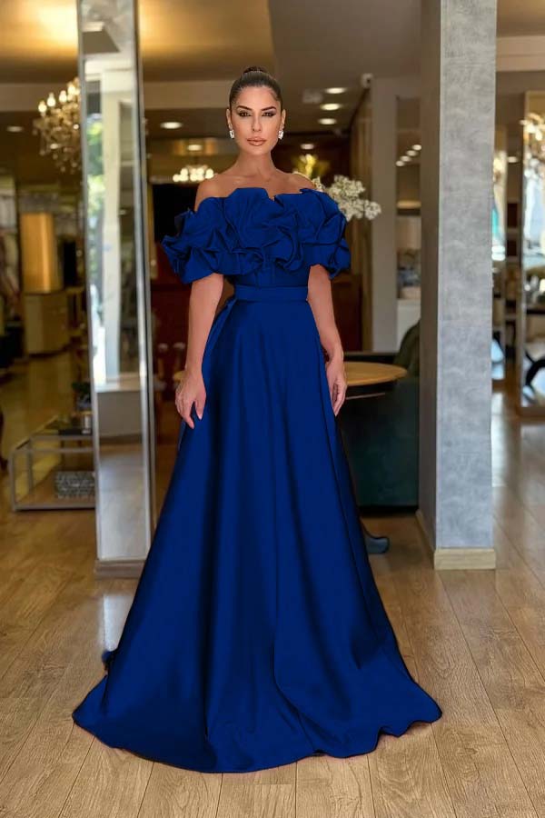 Pink A Line Prom Dress Off the Shoulder Ruffled Satin Evening Dress