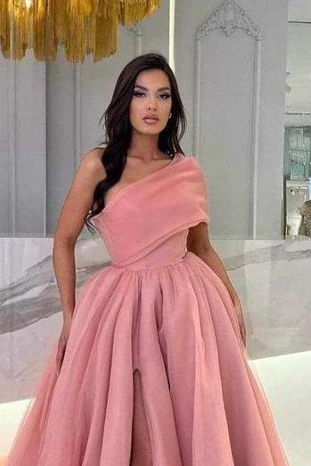 Pink A Line Prom Dress One Shoulder Evening Dress
