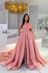 Pink A Line Prom Dress One Shoulder Evening Dress