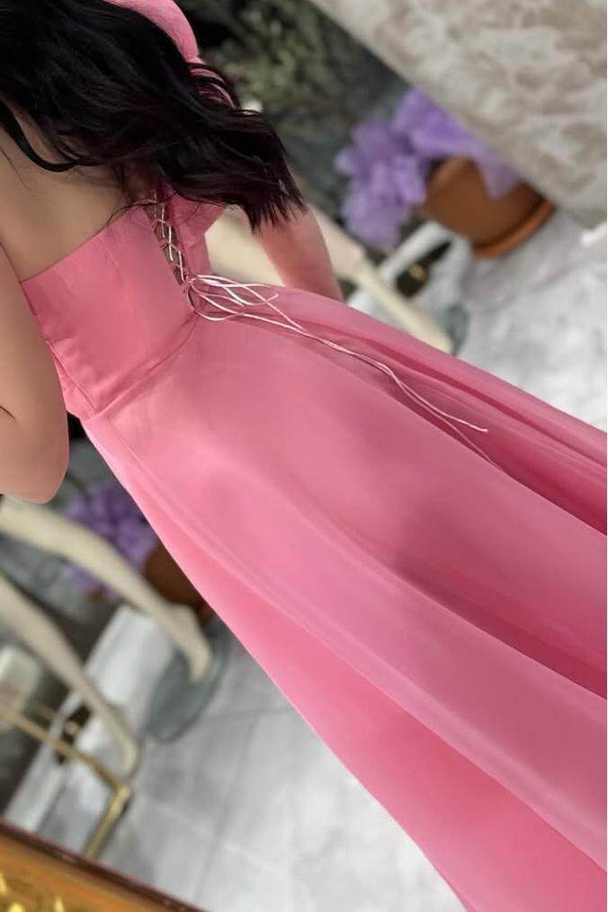 Pink A Line Prom Dress Short Sleeve One Shoulder Evening Dress