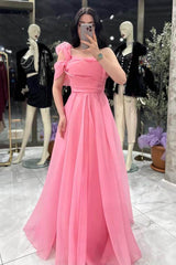 Pink A Line Prom Dress Short Sleeve One Shoulder Evening Dress