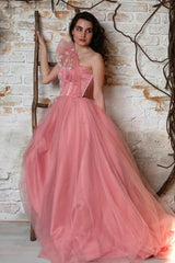 Pink A Line Prom Dress Sleeveless One Shoulder Evening Dress With 3D Flowers