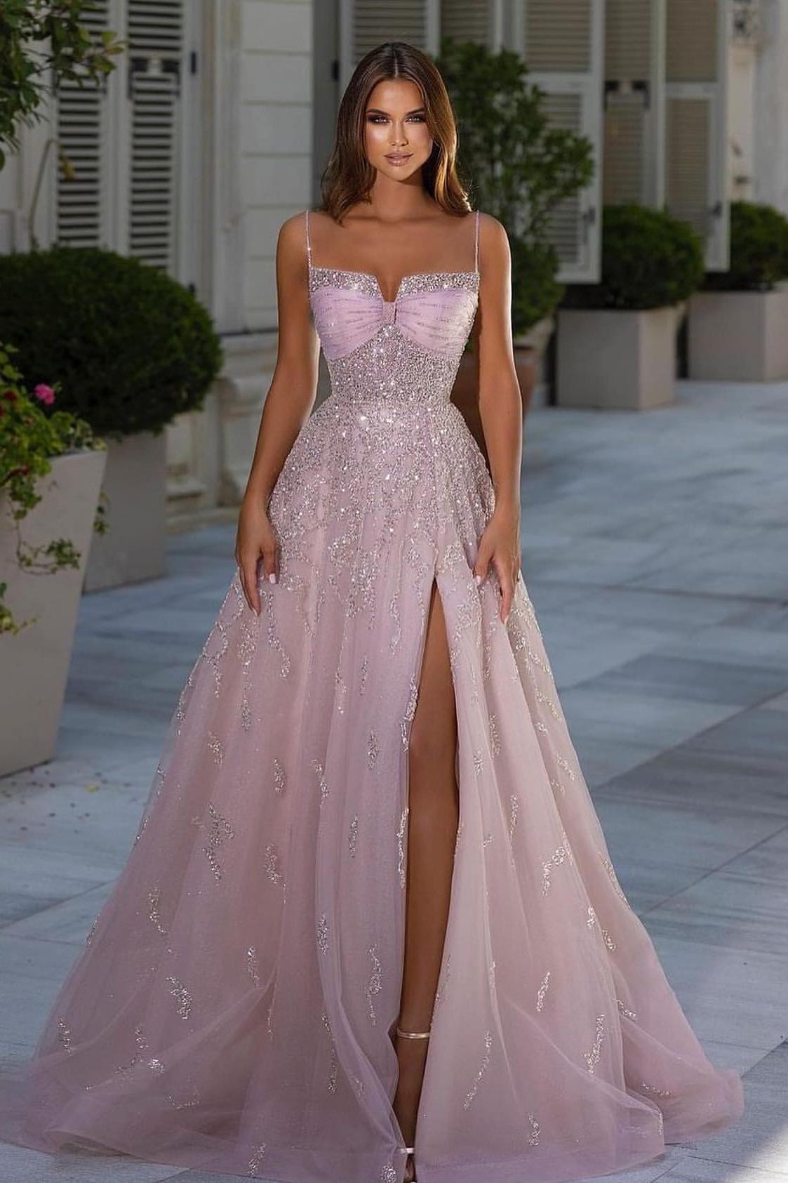 Pink A Line Prom Dress Sleeveless Spaghetti Straps Beaded Evening Dress