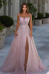 Pink A Line Prom Dress Sleeveless Spaghetti Straps Beaded Evening Dress