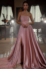 Pink A Line Prom Dress Sleeveless Strapless Satin Sequined Evening Dress