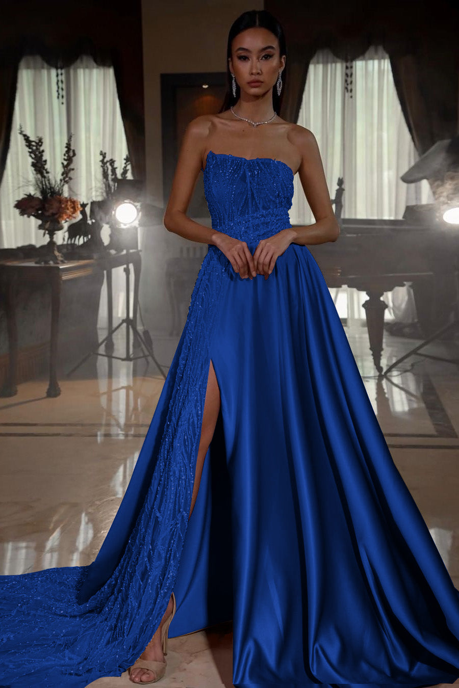 Pink A Line Prom Dress Sleeveless Strapless Satin Sequined Evening Dress