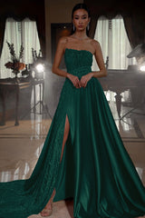 Pink A Line Prom Dress Sleeveless Strapless Satin Sequined Evening Dress