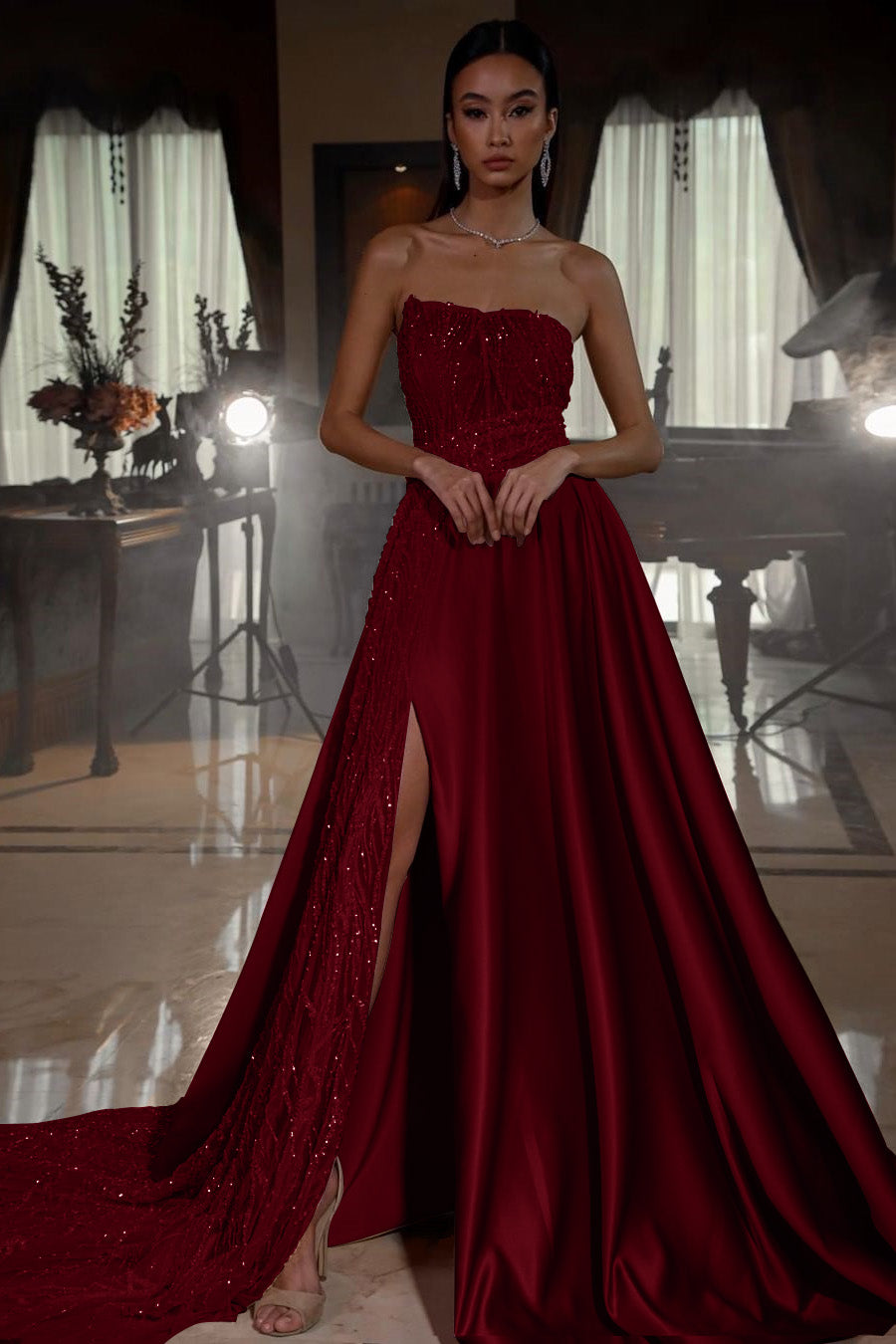 Pink A Line Prom Dress Sleeveless Strapless Satin Sequined Evening Dress