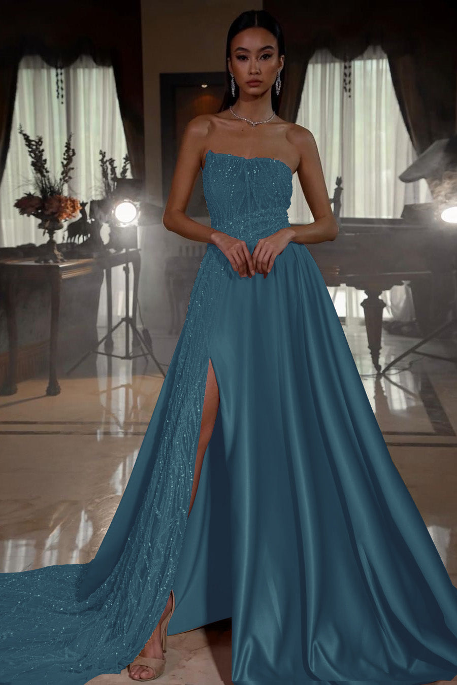 Pink A Line Prom Dress Sleeveless Strapless Satin Sequined Evening Dress