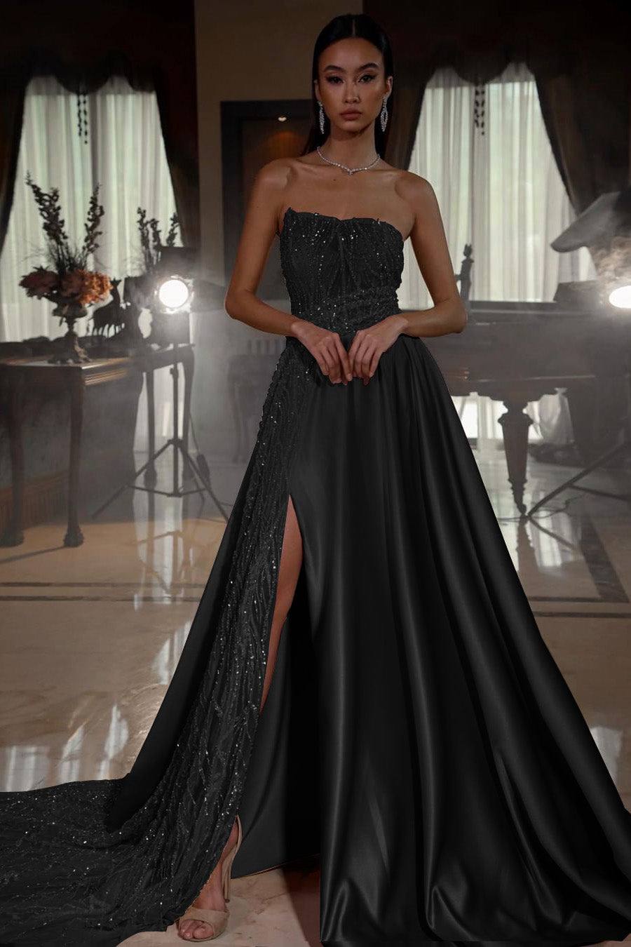 Pink A Line Prom Dress Sleeveless Strapless Satin Sequined Evening Dress