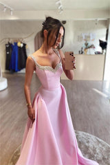 Pink A Line Prom Dress Sleeveless Straps Beaded Evening Dress