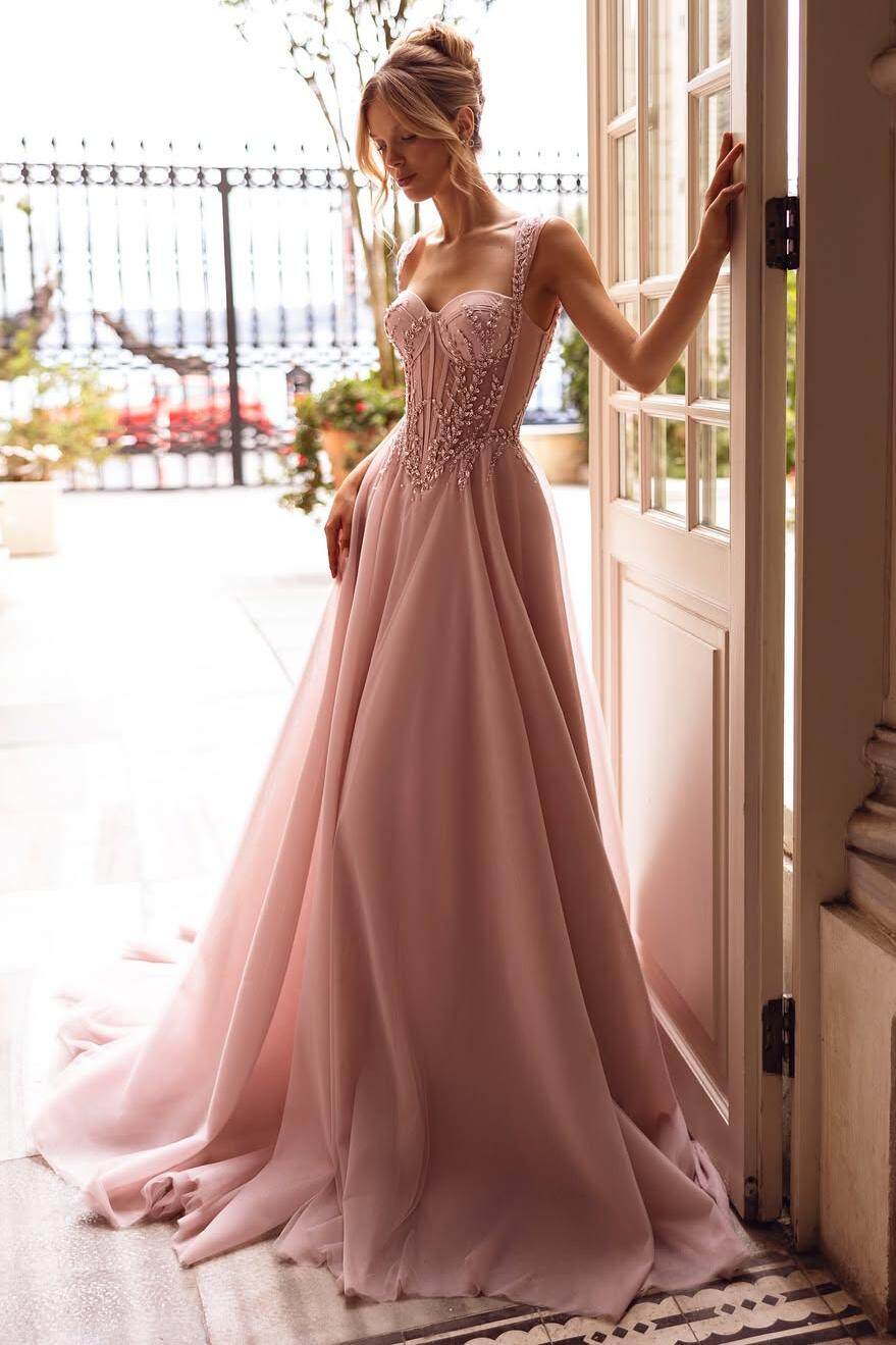 Pink A Line Prom Dress Sleeveless Straps Beaded Evening Dress