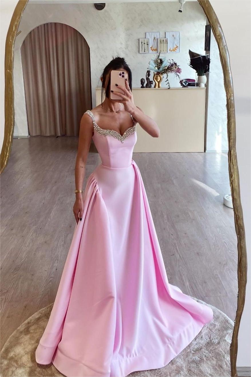 Pink A Line Prom Dress Sleeveless Straps Beaded Evening Dress