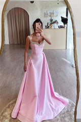 Pink A Line Prom Dress Sleeveless Straps Beaded Evening Dress