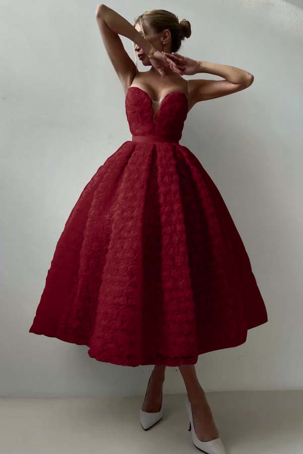 Pink A Line Prom Dress Sleeveless Sweetheart Tea Length Evening Dress With Lace Appliques