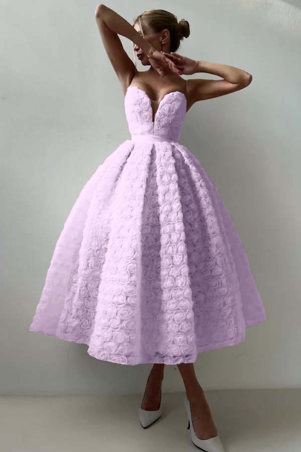 Pink A Line Prom Dress Sleeveless Sweetheart Tea Length Evening Dress With Lace Appliques