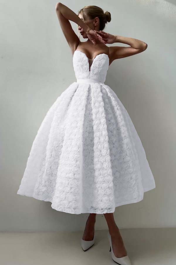 Pink A Line Prom Dress Sleeveless Sweetheart Tea Length Evening Dress With Lace Appliques