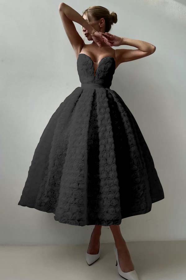Pink A Line Prom Dress Sleeveless Sweetheart Tea Length Evening Dress With Lace Appliques