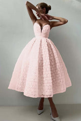 Pink A Line Prom Dress Sleeveless Sweetheart Tea Length Evening Dress With Lace Appliques