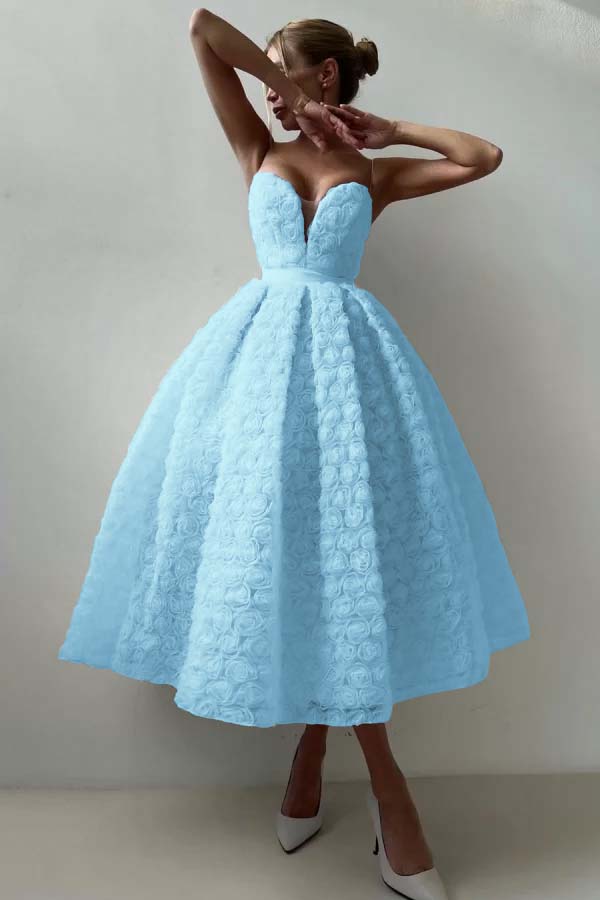 Pink A Line Prom Dress Sleeveless Sweetheart Tea Length Evening Dress With Lace Appliques