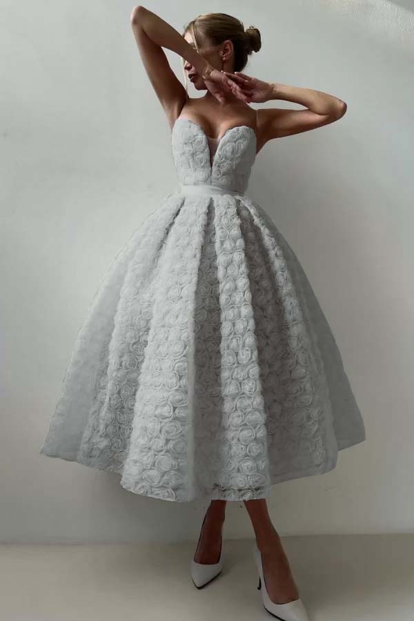 Pink A Line Prom Dress Sleeveless Sweetheart Tea Length Evening Dress With Lace Appliques