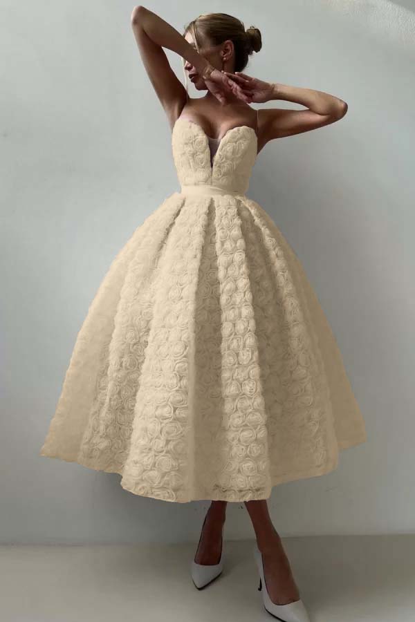 Pink A Line Prom Dress Sleeveless Sweetheart Tea Length Evening Dress With Lace Appliques