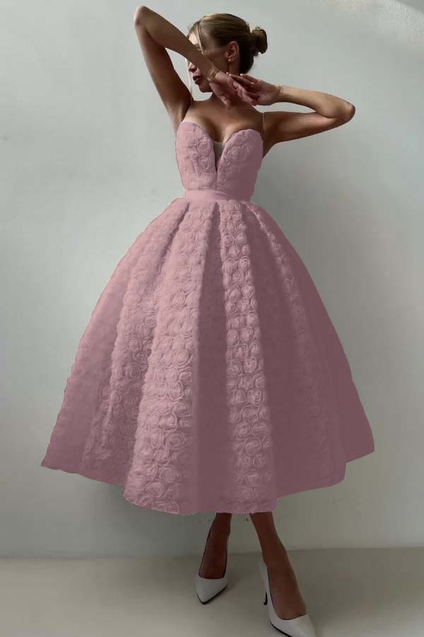 Pink A Line Prom Dress Sleeveless Sweetheart Tea Length Evening Dress With Lace Appliques