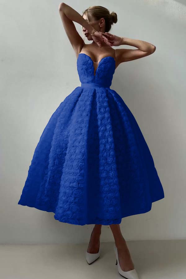 Pink A Line Prom Dress Sleeveless Sweetheart Tea Length Evening Dress With Lace Appliques