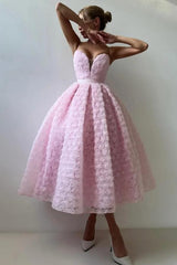 Pink A Line Prom Dress Sleeveless Sweetheart Tea Length Evening Dress With Lace Appliques