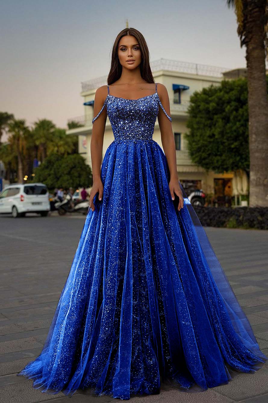 Pink A Line Prom Dress Spaghetti Straps Sleeveless Beaded Evening Dress