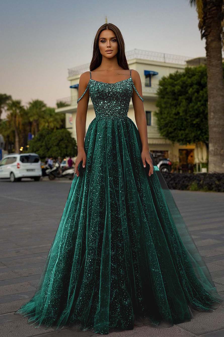 Pink A Line Prom Dress Spaghetti Straps Sleeveless Beaded Evening Dress