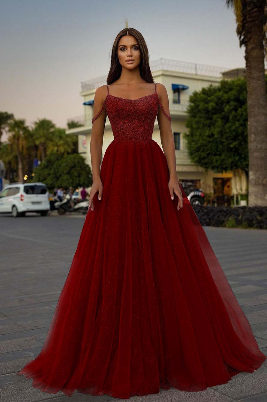 Pink A Line Prom Dress Spaghetti Straps Sleeveless Beaded Evening Dress