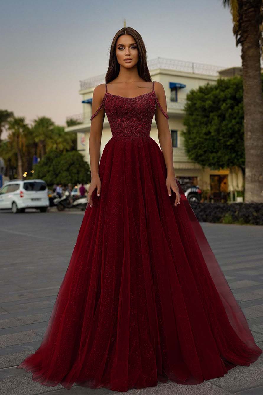 Pink A Line Prom Dress Spaghetti Straps Sleeveless Beaded Evening Dress