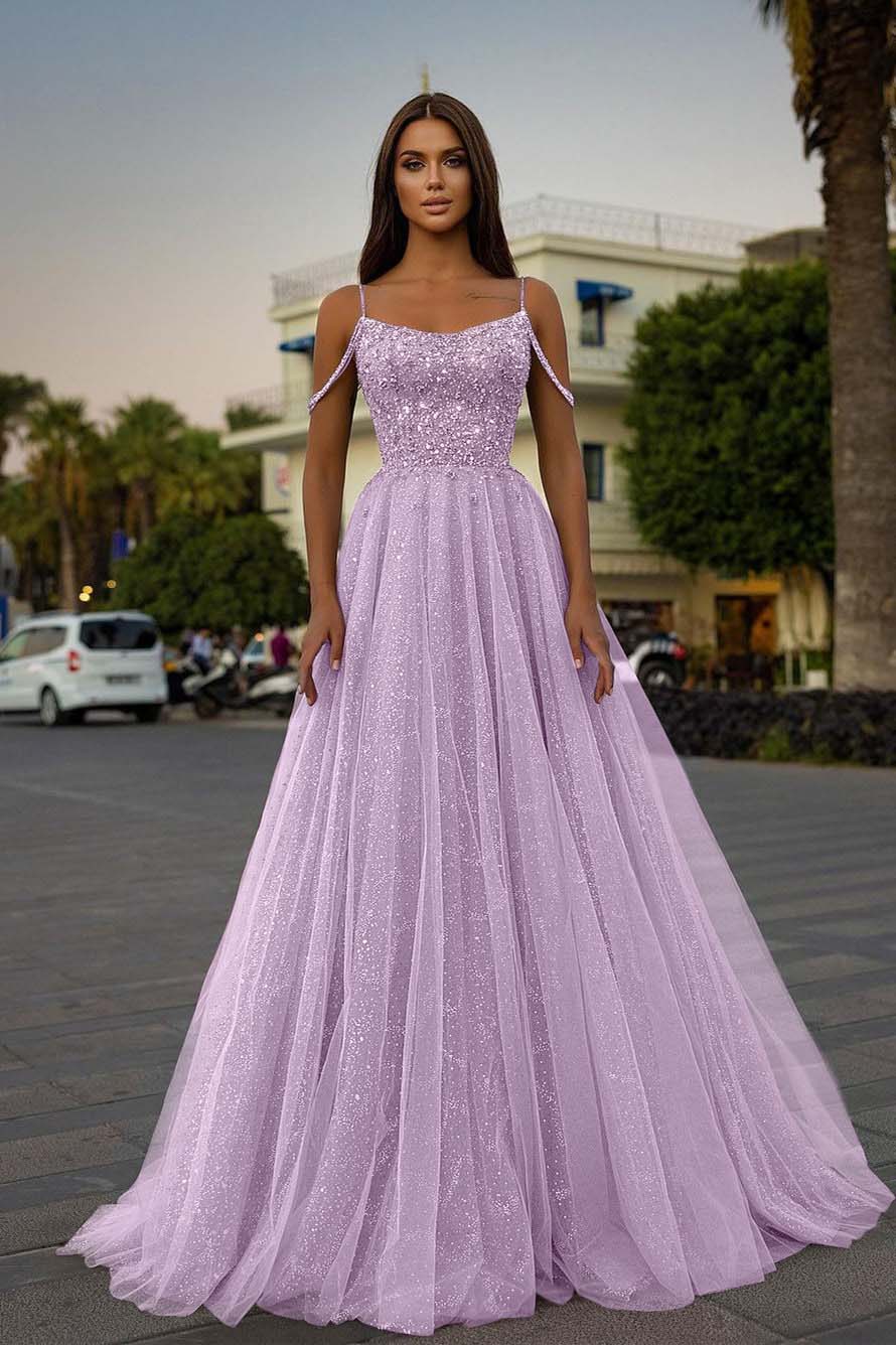 Pink A Line Prom Dress Spaghetti Straps Sleeveless Beaded Evening Dress