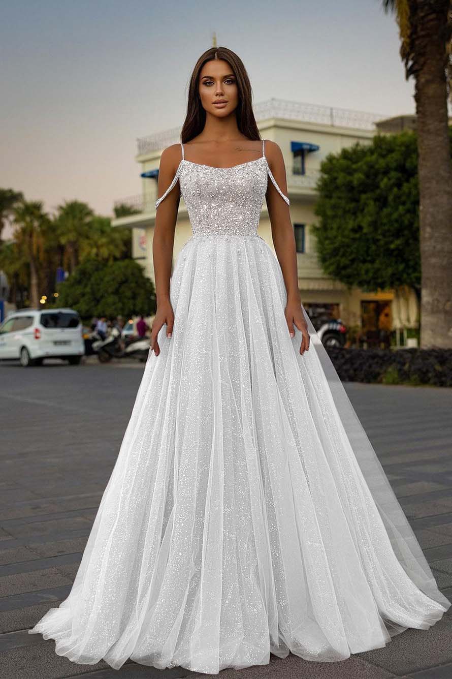 Pink A Line Prom Dress Spaghetti Straps Sleeveless Beaded Evening Dress