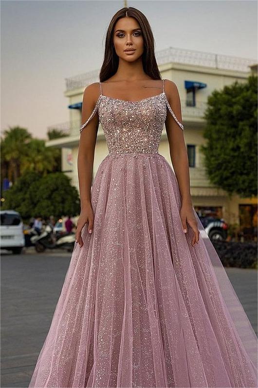 Pink A Line Prom Dress Spaghetti Straps Sleeveless Beaded Evening Dress