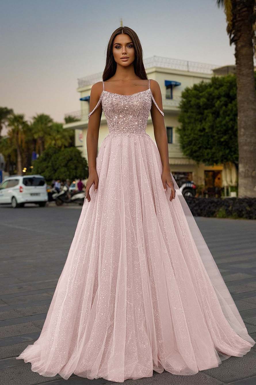 Pink A Line Prom Dress Spaghetti Straps Sleeveless Beaded Evening Dress