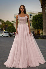 Pink A Line Prom Dress Spaghetti Straps Sleeveless Beaded Evening Dress